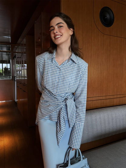 Women's Gingham Wrap Blouse with Side Waist Tie and Shirt Collar EVA-US