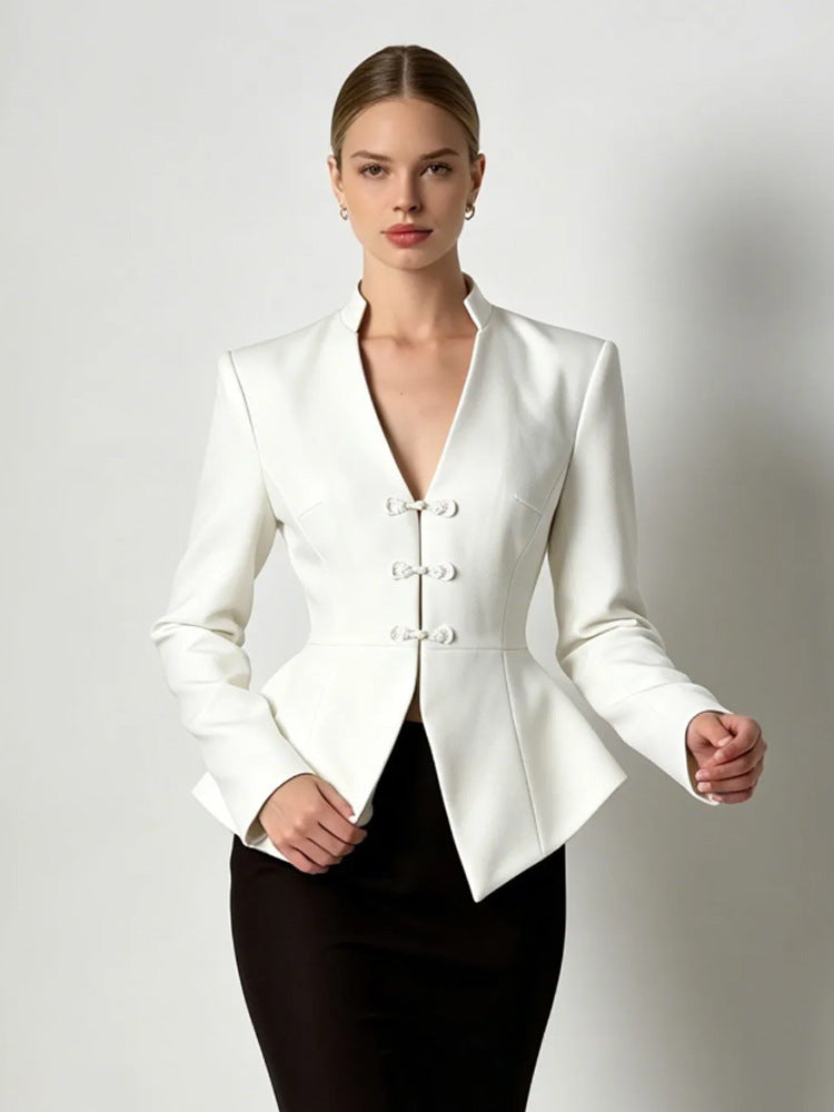 Women's Tailored Peplum Blazer with Mandarin Collar and Decorative Knot Fastenings EVA-US