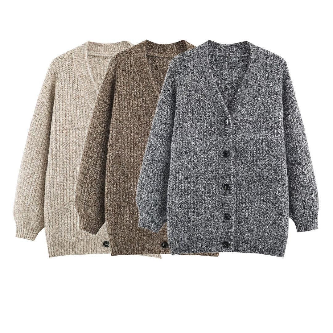 Women Oversized Chunky Knit Cardigan with Deep V-Neck, Ribbed Texture and Balloon Sleeves EVA-US