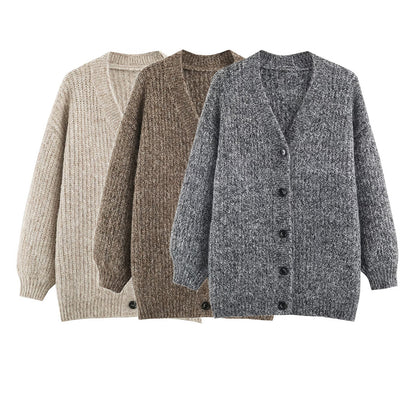 Women Oversized Chunky Knit Cardigan with Deep V-Neck, Ribbed Texture and Balloon Sleeves EVA-US