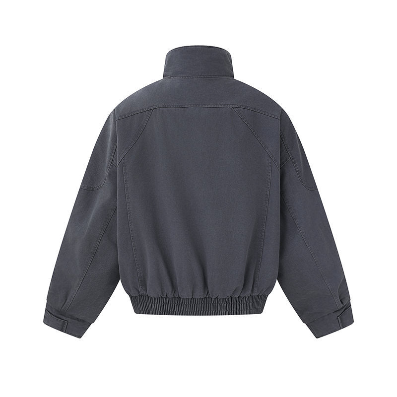 Men's short-cut canvas bomber jacket with high stand-up collar, concealed front placket, and zip pockets EVA-US