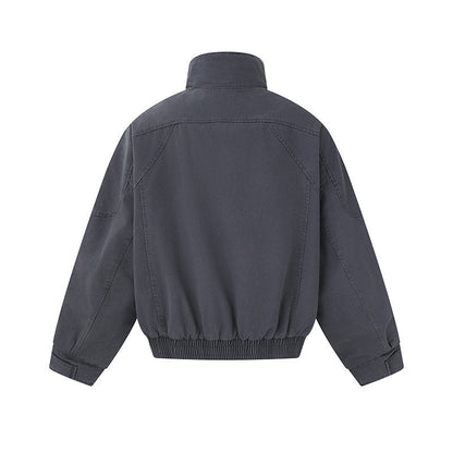 Men's short-cut canvas bomber jacket with high stand-up collar, concealed front placket, and zip pockets EVA-US