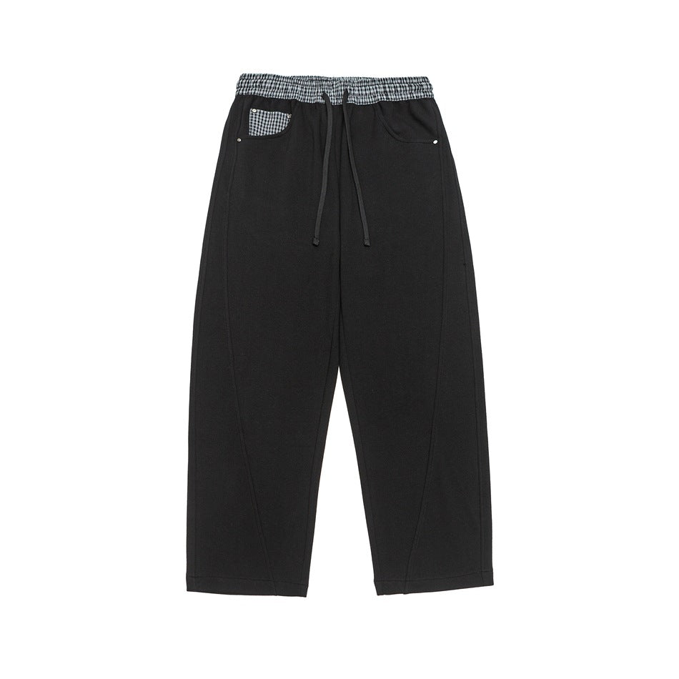 Women's Cropped Relaxed Jogging Pants with Elastic Drawstring, Check Detail, and Decorative Seams