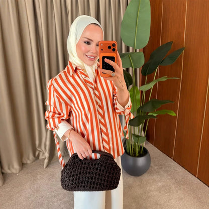Women Striped Oversized Shirt Blouse with Ties on Sleeves and Concealed Button Placket EVA-US