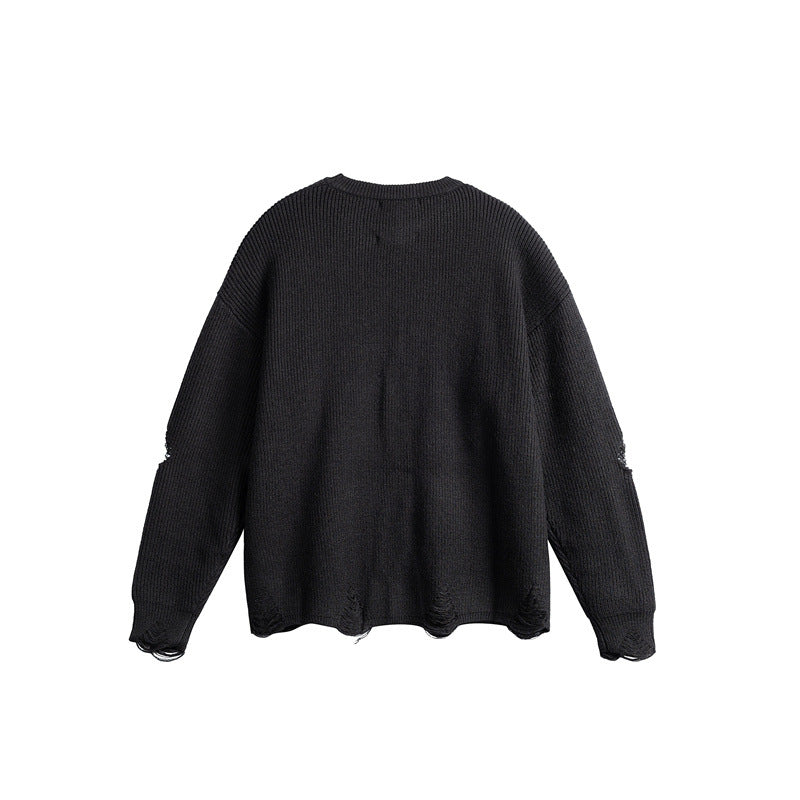 Unisex Oversize Knit Sweater with Destroyed Details and Statement Print EVA-US