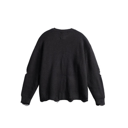 Unisex Oversize Knit Sweater with Destroyed Details and Statement Print EVA-US