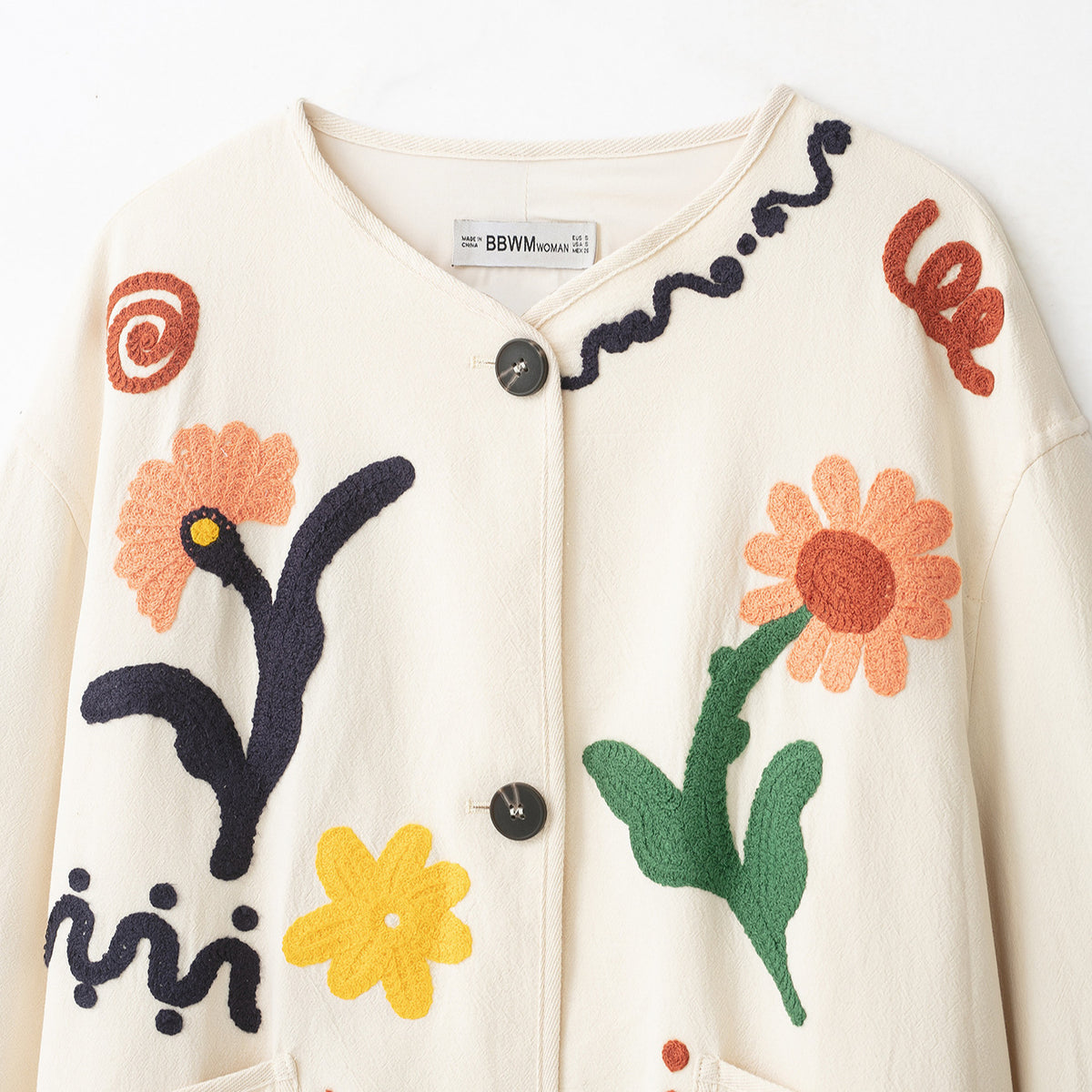 Women's Embroidered Oversized Cotton Jacket with Floral Decor and Button Placket EVA-US