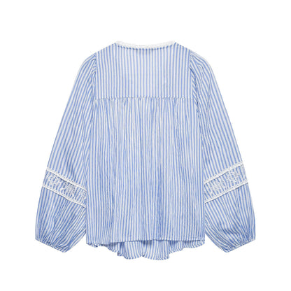 Ladies Striped Blouse with Crochet Lace, Balloon Sleeves and Button Placket EVA-US