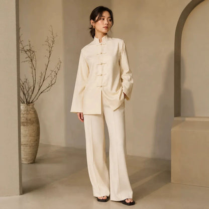 Women's Mandarin Collar Tunic Jacket with Knot Closures and Wide Palazzo Pants EVA-US