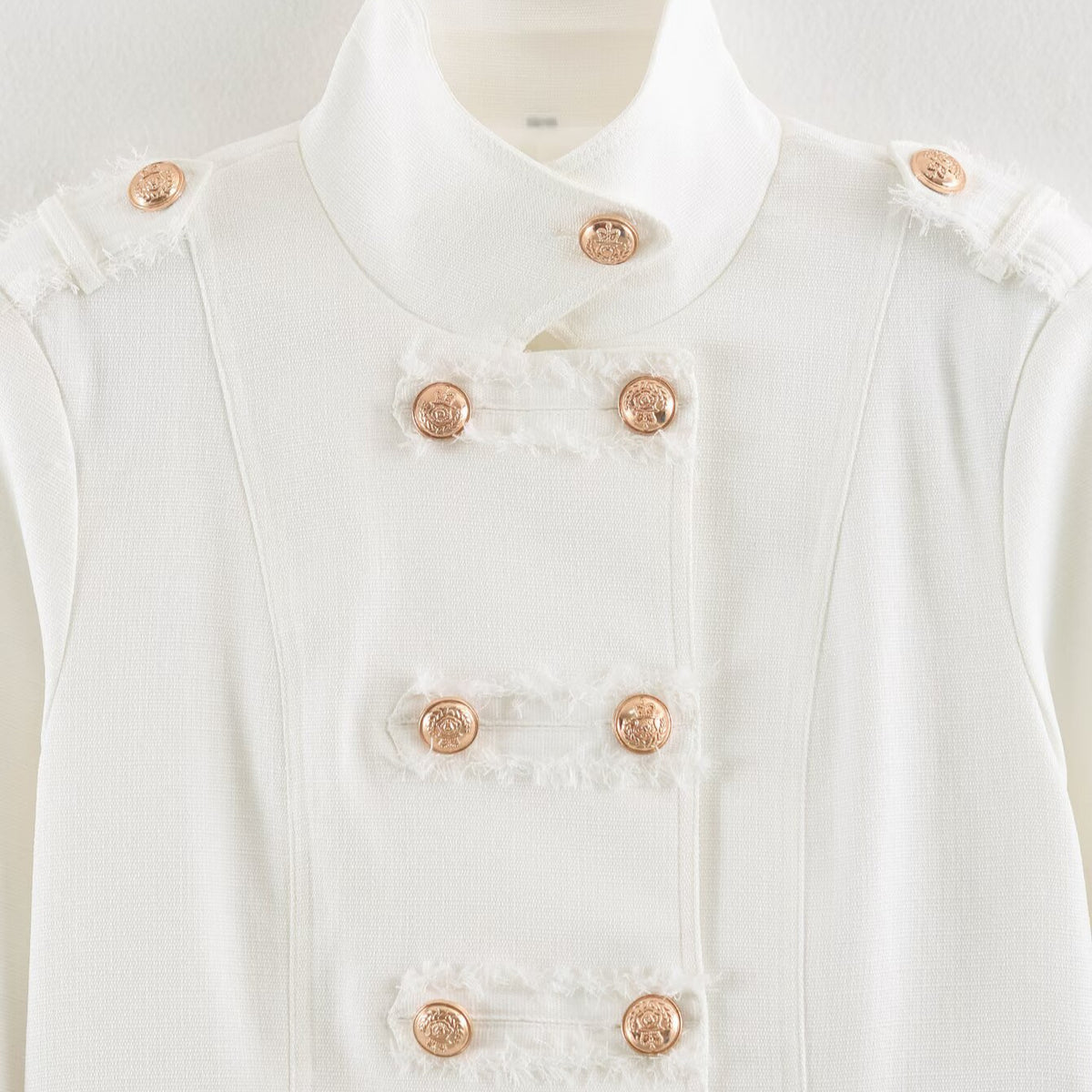 Ladies Short Cut Military Inspired Jacket with Stand-Up Collar and Decorative Button Placket EVA-US
