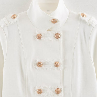Ladies Short Cut Military Inspired Jacket with Stand-Up Collar and Decorative Button Placket EVA-US
