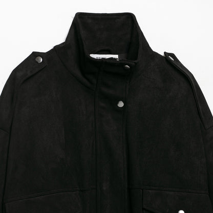 Women's tailored velvet bomber jacket with stand-up collar, shoulder epaulettes, and large flap pockets