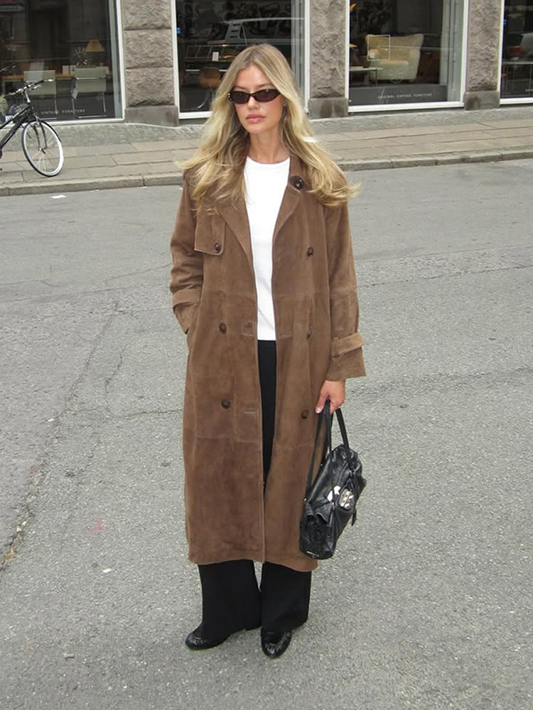Women's Long Suede Trench Coat with Double-Breasted Buttons EVA-US
