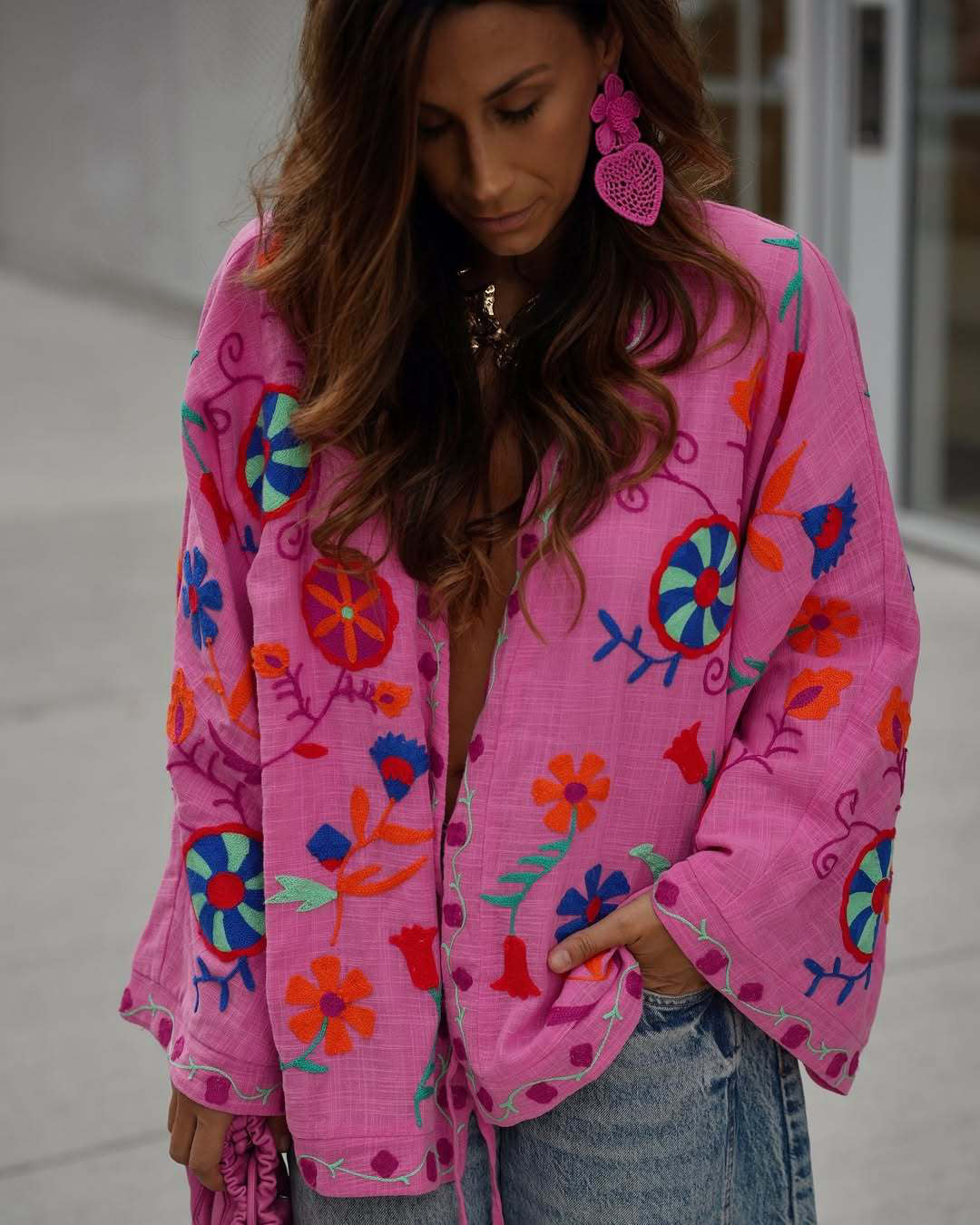 Women's Oversize Light Cotton Cardigan with Colorful Floral Embroidery EVA-US