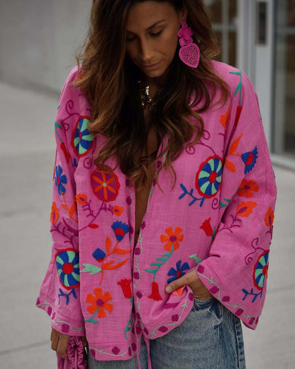 Women's Oversize Light Cotton Cardigan with Colorful Floral Embroidery EVA-US