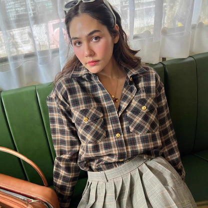 Women Checked Overshirt with Chest Pockets and Gold Press Buttons EVA-US
