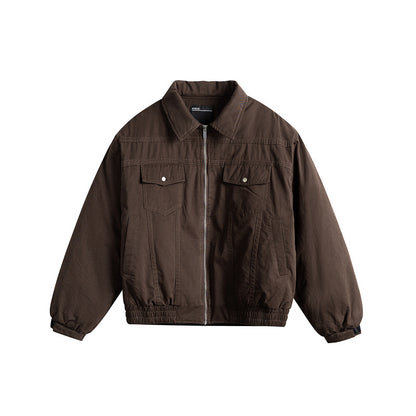Men's short boxy blouson with shirt collar, utility chest pockets, and elastic hem EVA-US