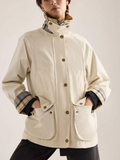Women's transitional jacket with corduroy collar, checkered inner cuffs, and patch pockets EVA-US