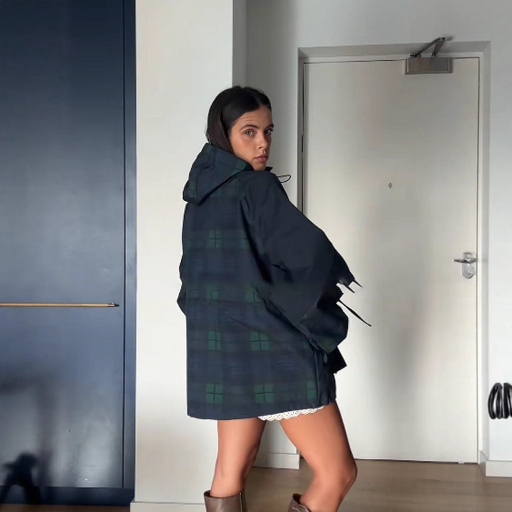 Women's Oversized Jacket in a Casual Check Design with Practical Pockets and Waist Drawstring EVA-US