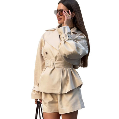 Ladies short trench coat with tailored belt, wide lapels and boxy silhouette EVA-US