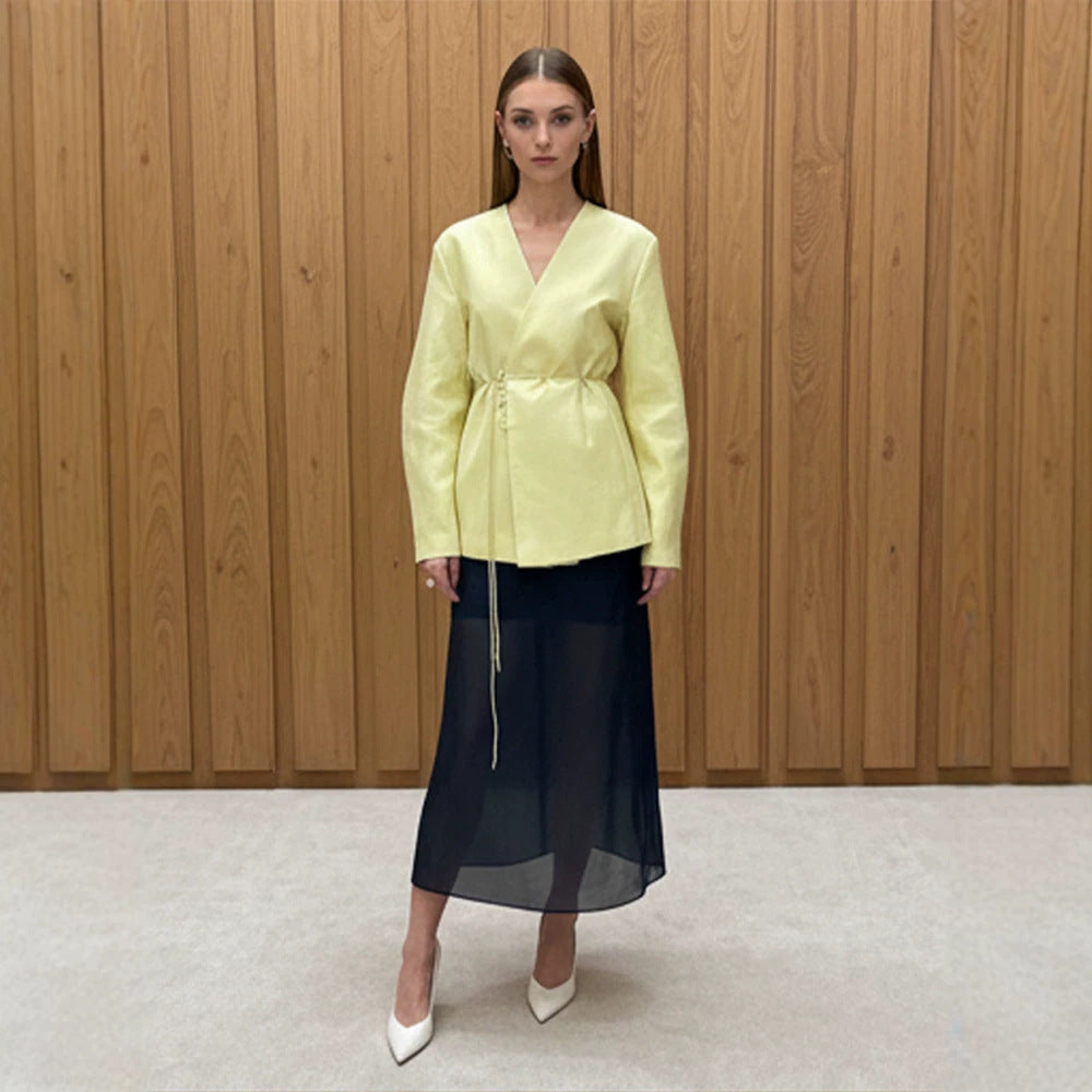 Women's wrap blazer with drawstring and wide culotte pants two-piece EVA-US