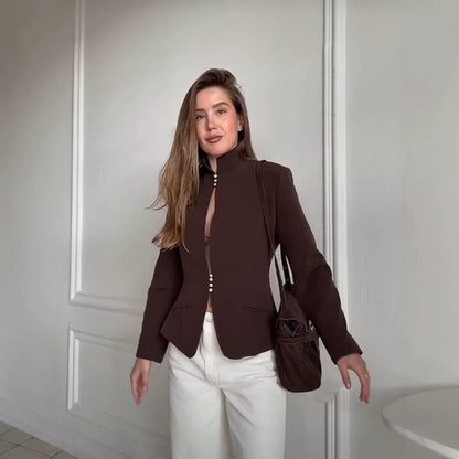 Women's Tailored Blazer with Stand Collar and Pearl Button Placket EVA-US