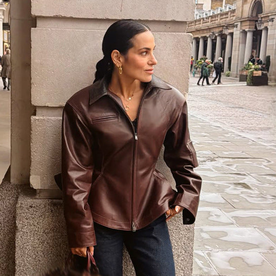 Women’s leather jacket with tailored peplum, zipper & large shirt collar EVA-US