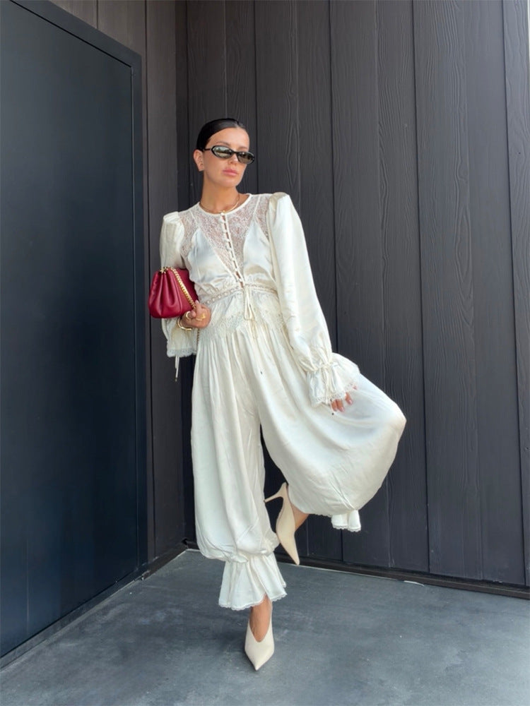 Women's One-Piece Satin Jumpsuit with Lace Yoke, Puff Sleeves, and Voluminous Harem Pants EVA-US