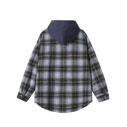 Unisex Oversized Check Shirt Jacket with Hood, Snap Buttons and Chest Pocket EVA-US