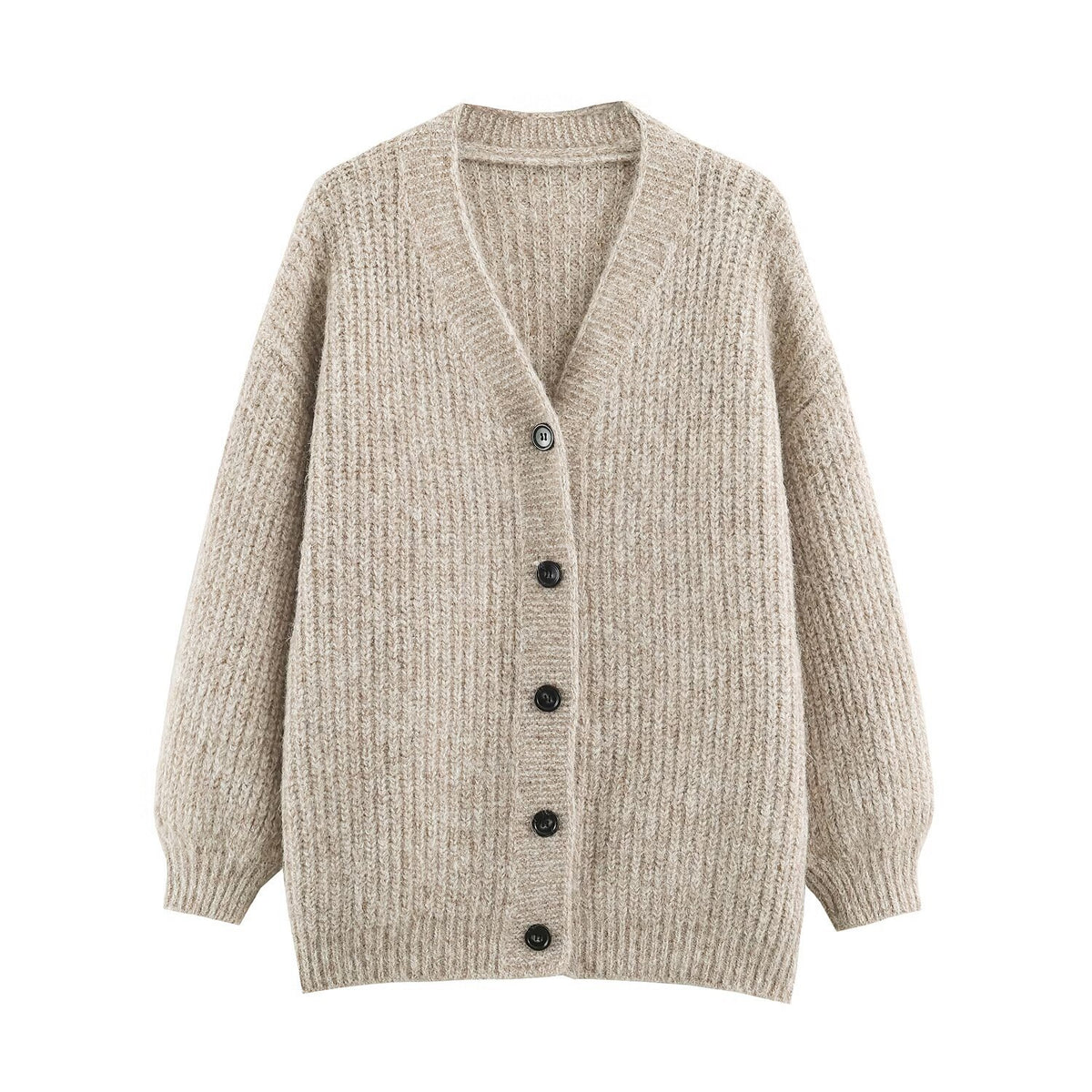 Women Oversized Chunky Knit Cardigan with Deep V-Neck, Ribbed Texture and Balloon Sleeves EVA-US