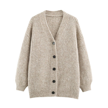 Women Oversized Chunky Knit Cardigan with Deep V-Neck, Ribbed Texture and Balloon Sleeves EVA-US