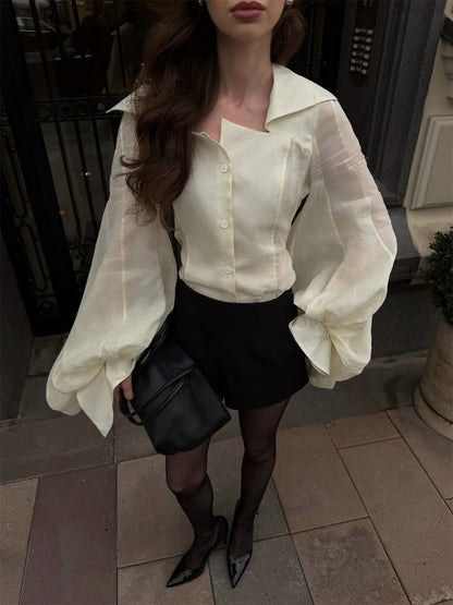 Women's Transparent Blouse Top with Tailored Corset Look and Voluminous Balloon Sleeves EVA-US