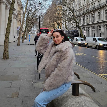 Women Short Boxy Jacket made of high-pile faux fur with high shawl collar EVA-US