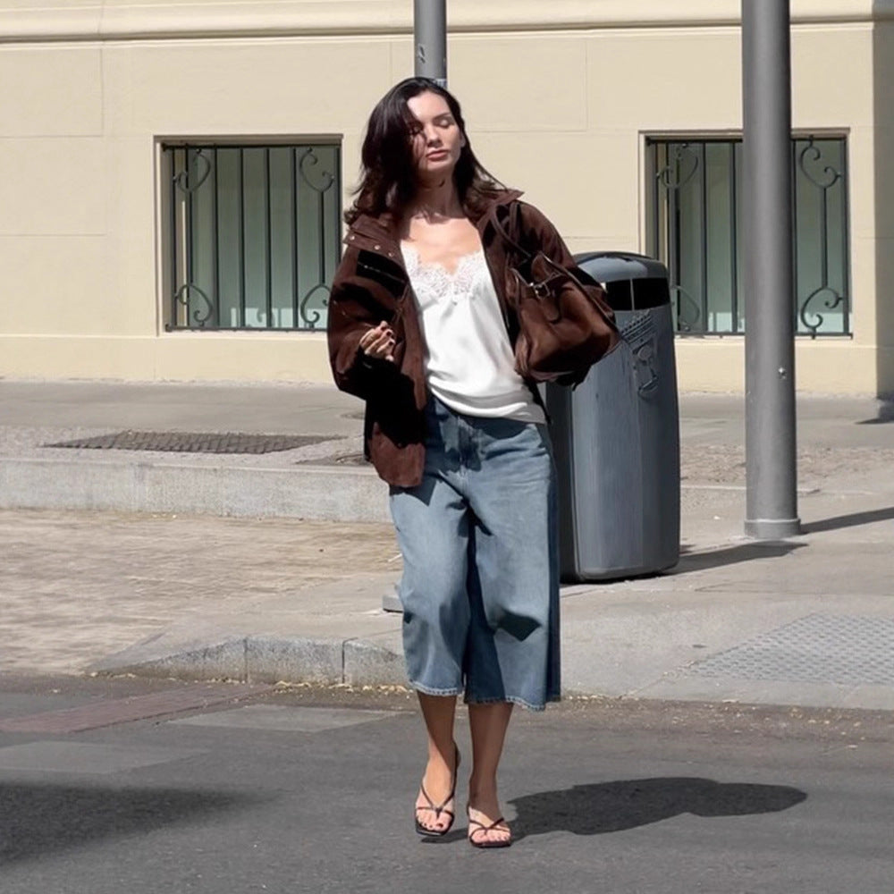 Women's short cut suede leather blouson with high stand-up collar, boxy oversized silhouette and concealed zipper EVA-US