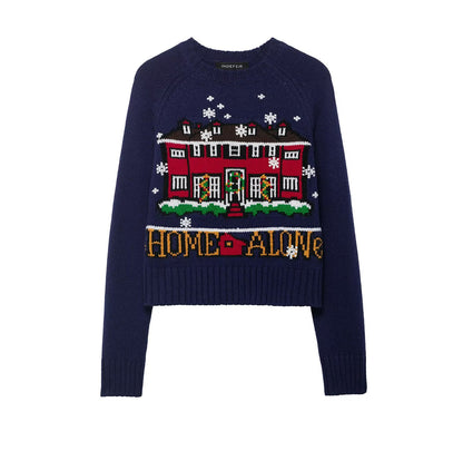 Women Cropped Christmas Sweater with Intarsia House Motif and Round Neckline EVA-US
