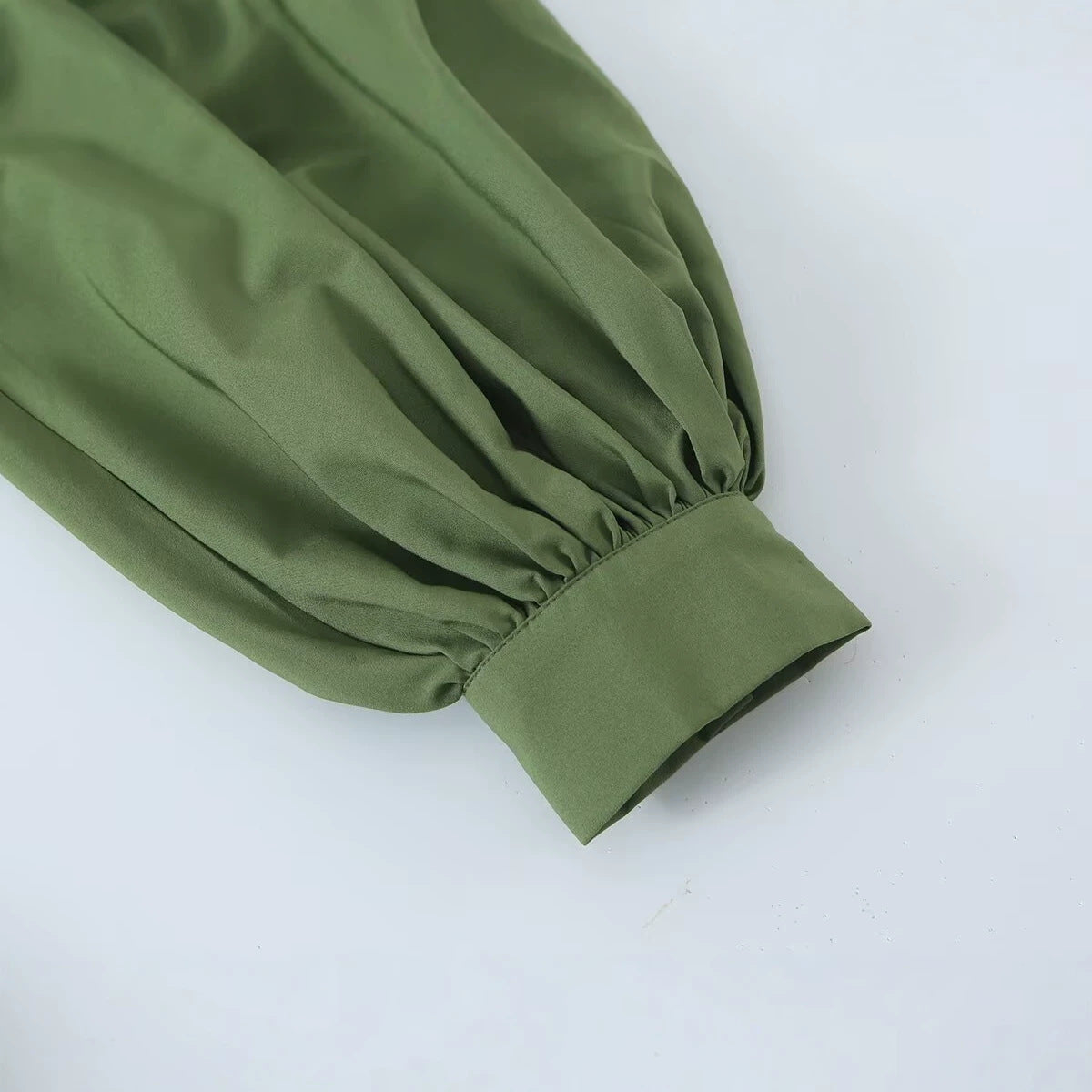 Women's Flowing Maxi Dress with Balloon Sleeves, Ruffle Details and Stand Collar EVA-US