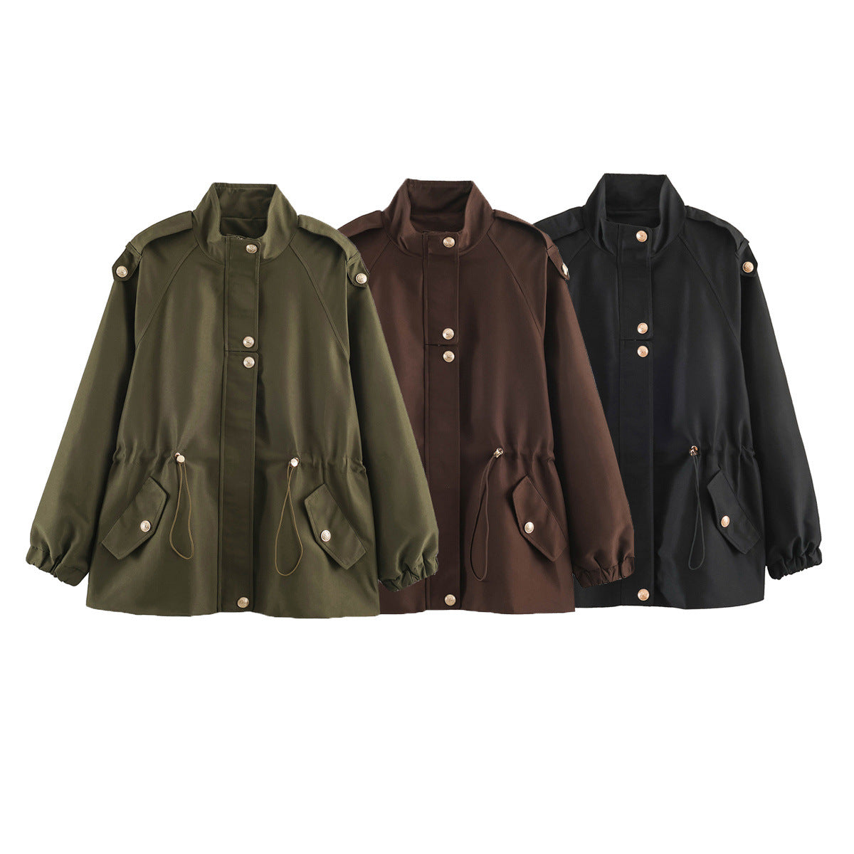 Women's short jacket in utility style with drawstring, raglan sleeves and metal button placket EVA-US