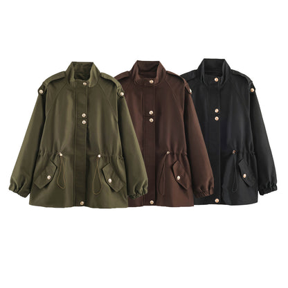 Women's short jacket in utility style with drawstring, raglan sleeves and metal button placket EVA-US