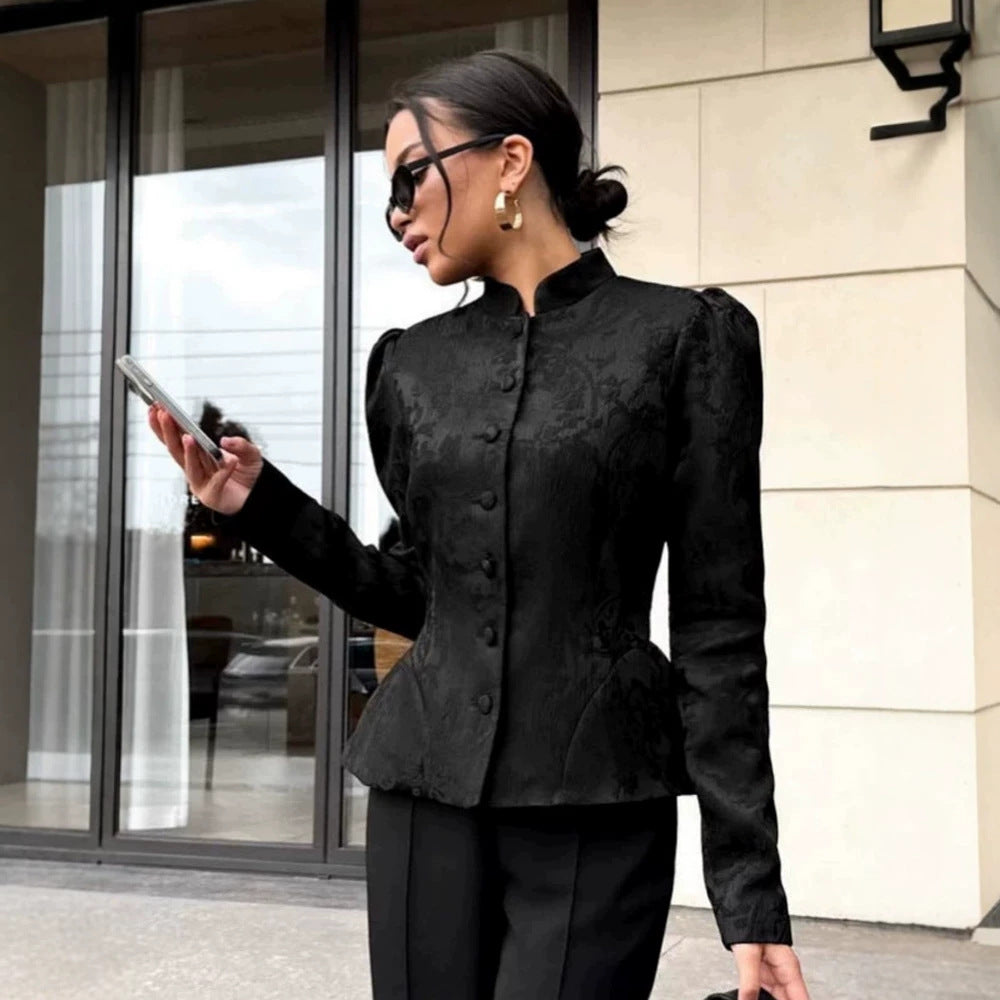 Women's tailored jacquard blouse with stand-up collar and decorative button placket EVA-US