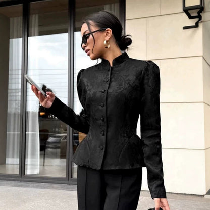 Women's tailored jacquard blouse with stand-up collar and decorative button placket EVA-US