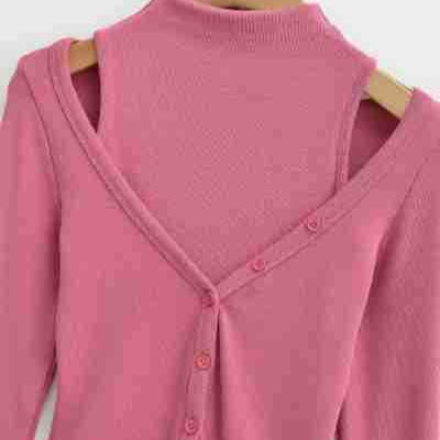 Ladies two-piece knit set with integrated high neck vest and asymmetric button cardigan EVA-US