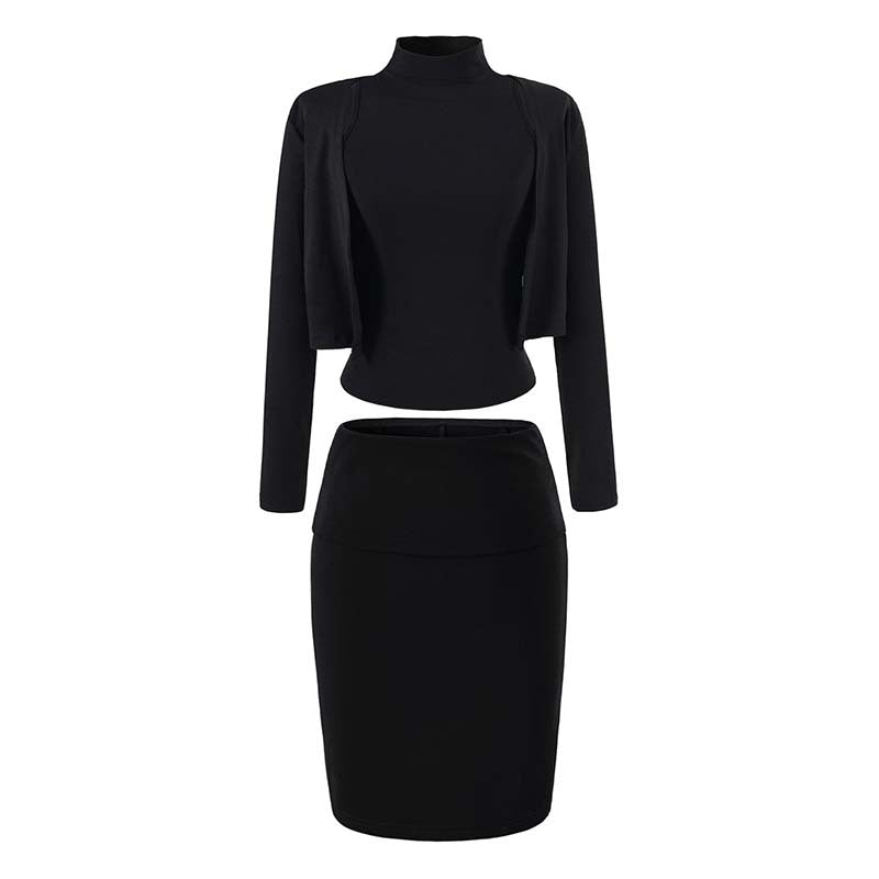 Ladies two-piece business knit set with turtleneck top, bolero, and pencil skirt EVA-US