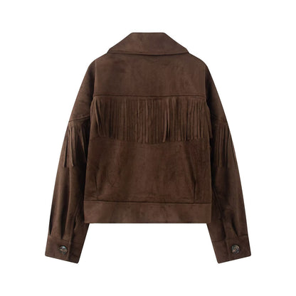 Women's short jacket in suede look with fringe trim and shirt collar EVA-US