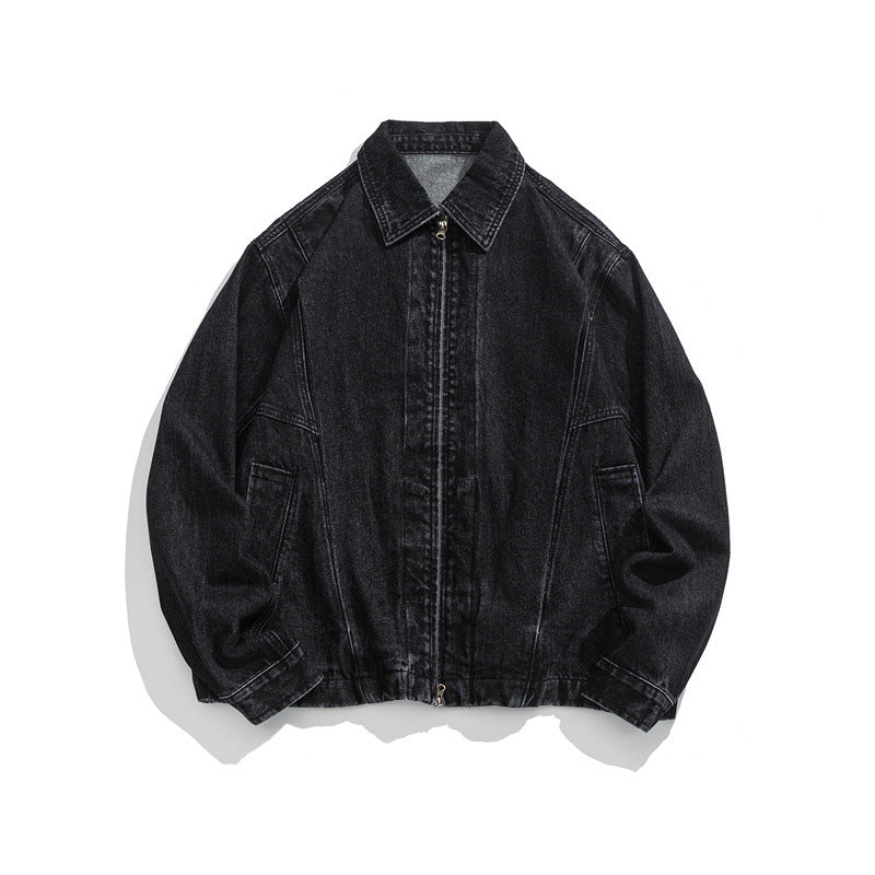 Unisex Short Cut Denim Worker Jacket with Continuous Zipper and Boxy Silhouette EVA-US
