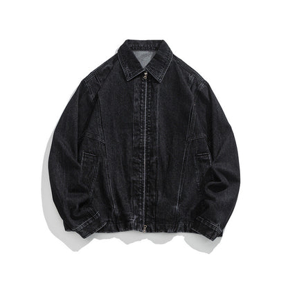 Unisex Short Cut Denim Worker Jacket with Continuous Zipper and Boxy Silhouette EVA-US