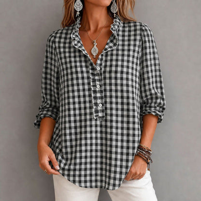 Women's Checkered Blouse Top with Ruffled Collar and Half Button Placket EVA-US