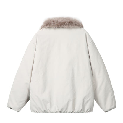 Women's short jacket in boxy cut with voluminous faux fur collar and two-way zipper EVA-US