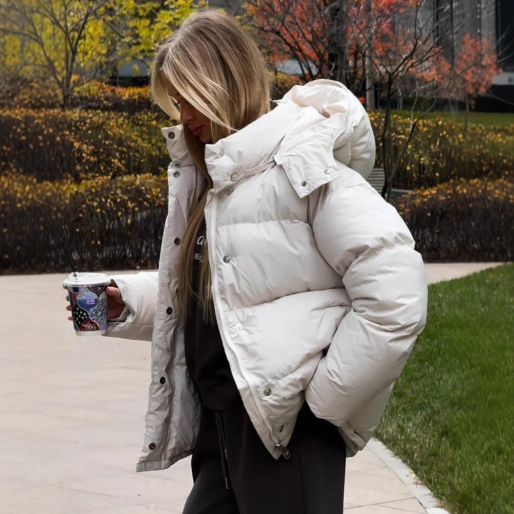 Ladies Short Windproof Quilted Puffer Jacket with Removable Hood and High Stand Collar EVA-US