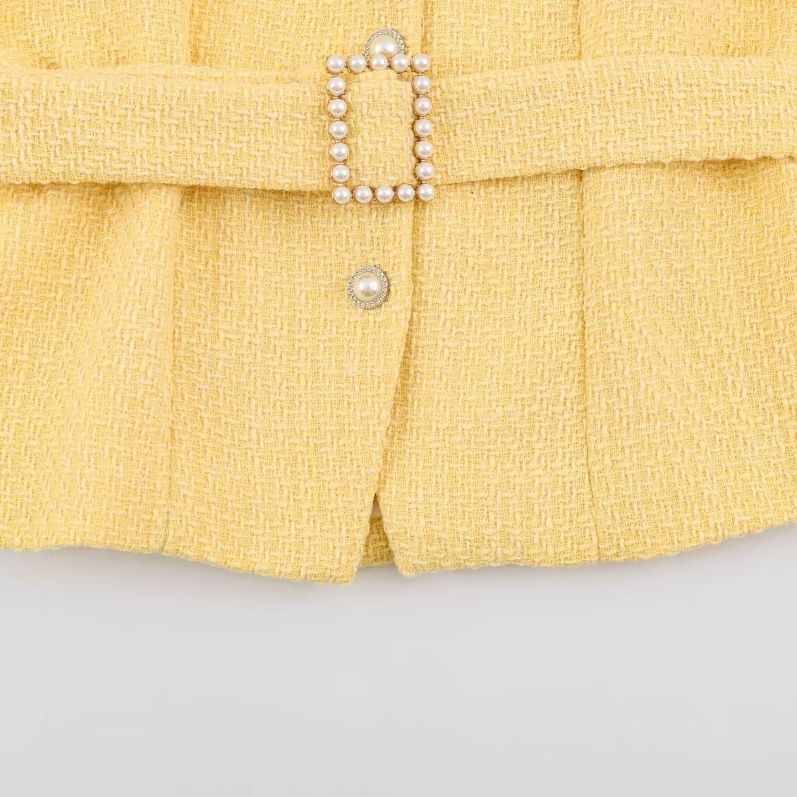 Women's short jacket in boucle tweed style with pearl buttons and waist belt EVA-US