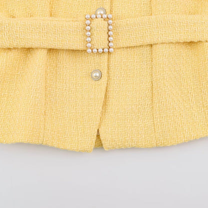 Women's short jacket in boucle tweed style with pearl buttons and waist belt EVA-US